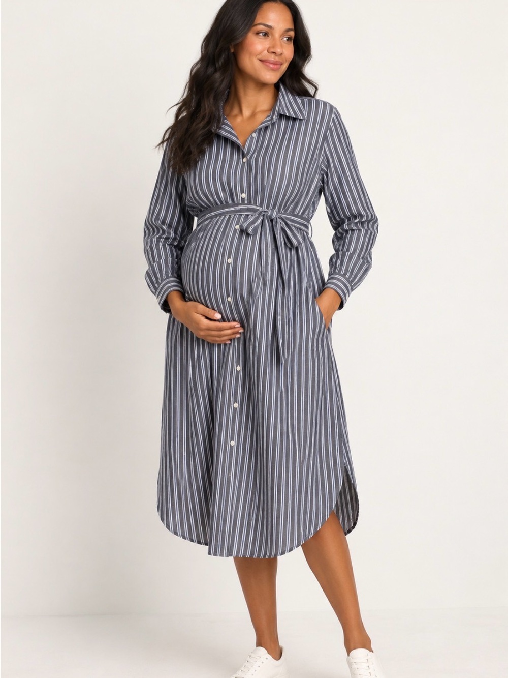 Old Navy Maternity Striped Shirt Dress XL Cotton Tie Waist Midi Work Baby shower